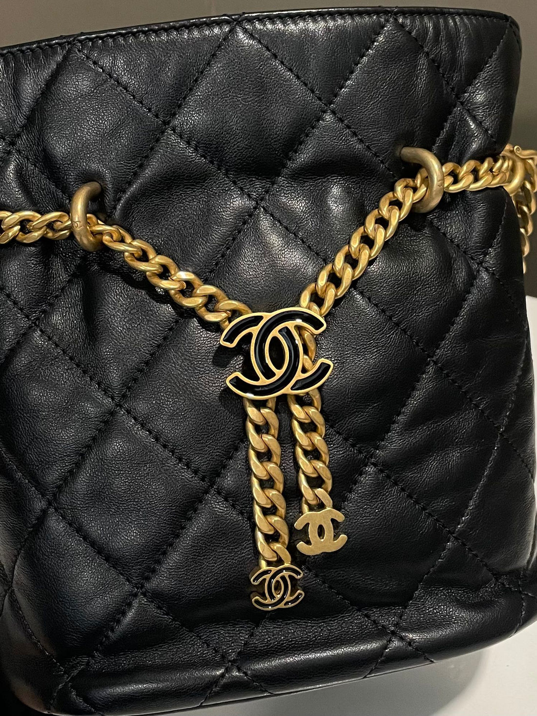 Chanel Pending Enamel Cc Bucket Bag Black Lambskin