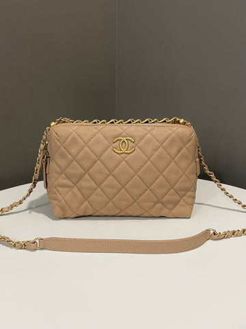 Chanel Quilted Bowling Bag Beige Calfskin