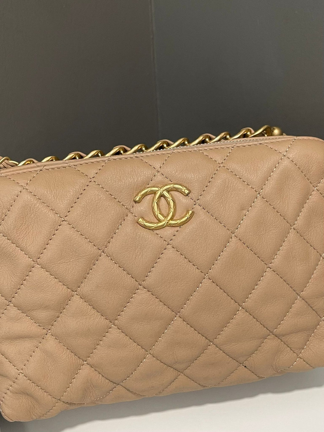 Chanel Quilted Bowling Bag Beige Calfskin