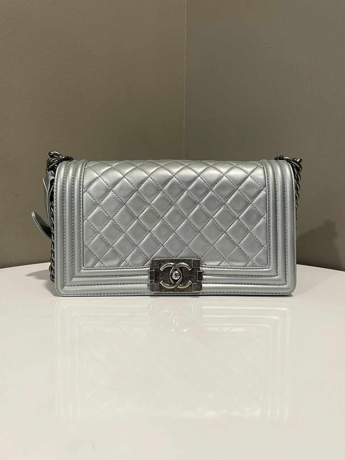 Chanel Quilted Boy Medium Silver Metallic