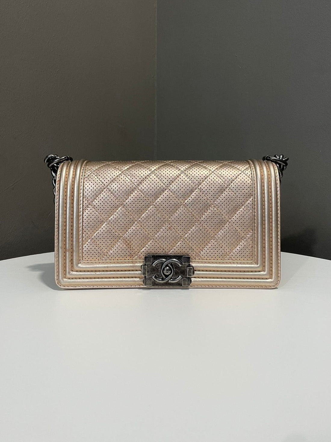 Chanel Quilted Boy Old Medium Champagne Perforated Leather