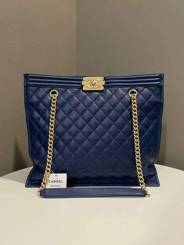 Chanel Quilted Boy Shopper Tote  Dark Navy Calfskin