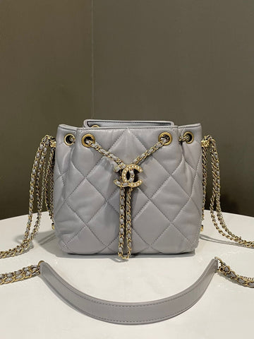 Chanel Quilted CC Pearl Clasps Bucket Bag Grey Lambskin