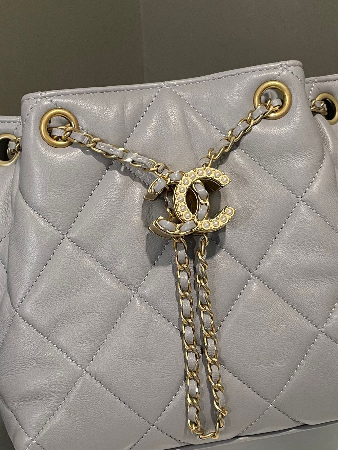 Chanel Quilted CC Pearl Clasps Bucket Bag Grey Lambskin