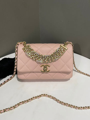 Chanel Quilted Cc Crystal Logo Chain Flap Bag  Pink Lambskin