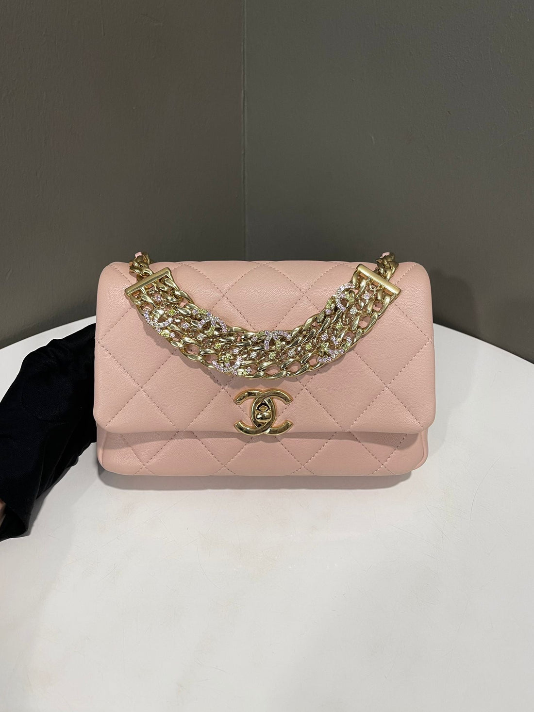 Chanel Quilted Cc Crystal Logo Chain Flap Bag  Pink Lambskin