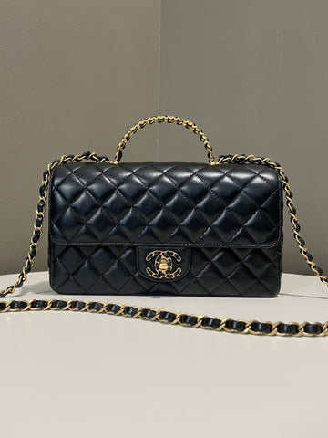 Chanel Quilted Cc Logo Chain Top Handle Flap Black Lambskin