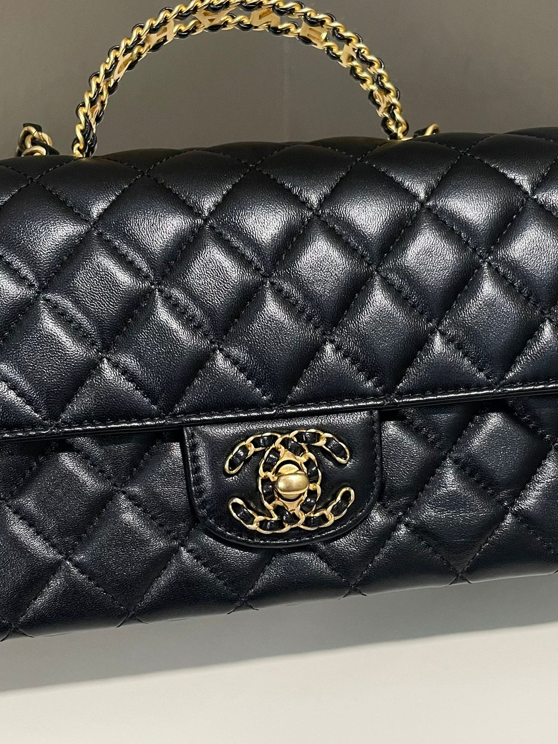 Chanel Quilted Cc Logo Chain Top Handle Flap Black Lambskin