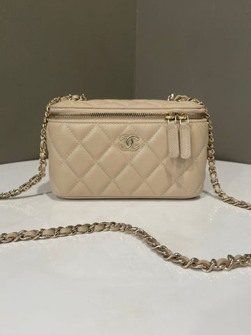 Chanel Quilted Cc Logo Chain Vanity Rectangular  Beige Caviar