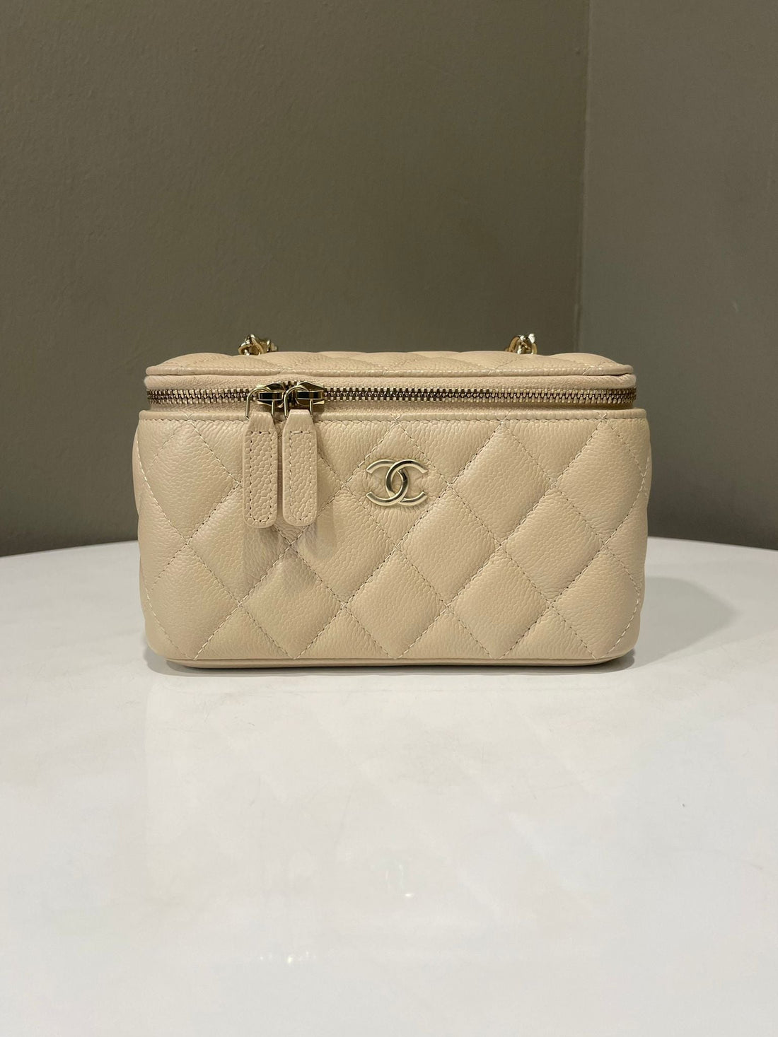 Chanel Quilted Cc Logo Chain Vanity Rectangular  Beige Caviar