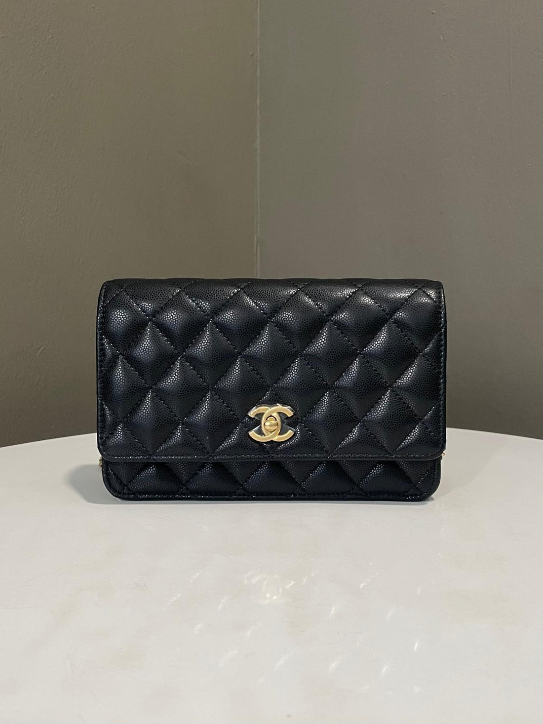 Chanel Quilted Cc Turnlock Wallet Double Chain Black Caviar