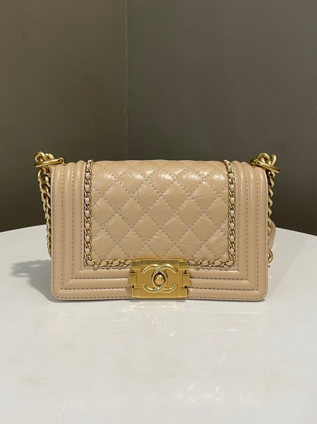 Chanel Quilted Chain Around Small Boy Beige Aged Calf