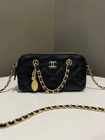 Chanel Quilted Charm Top Handle Chain Zip Holder Black Caviar