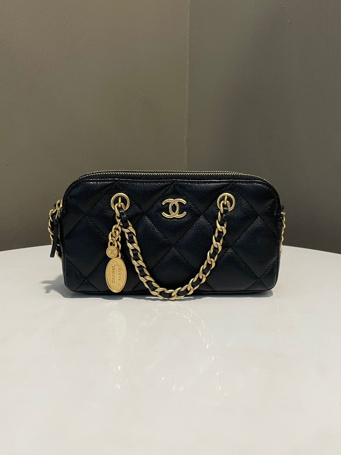 Chanel Quilted Charm Top Handle Chain Zip Holder Black Caviar