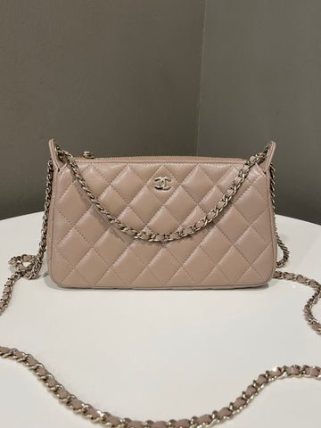 Chanel Quilted Clutch on Chain Taupe Beige Caviar