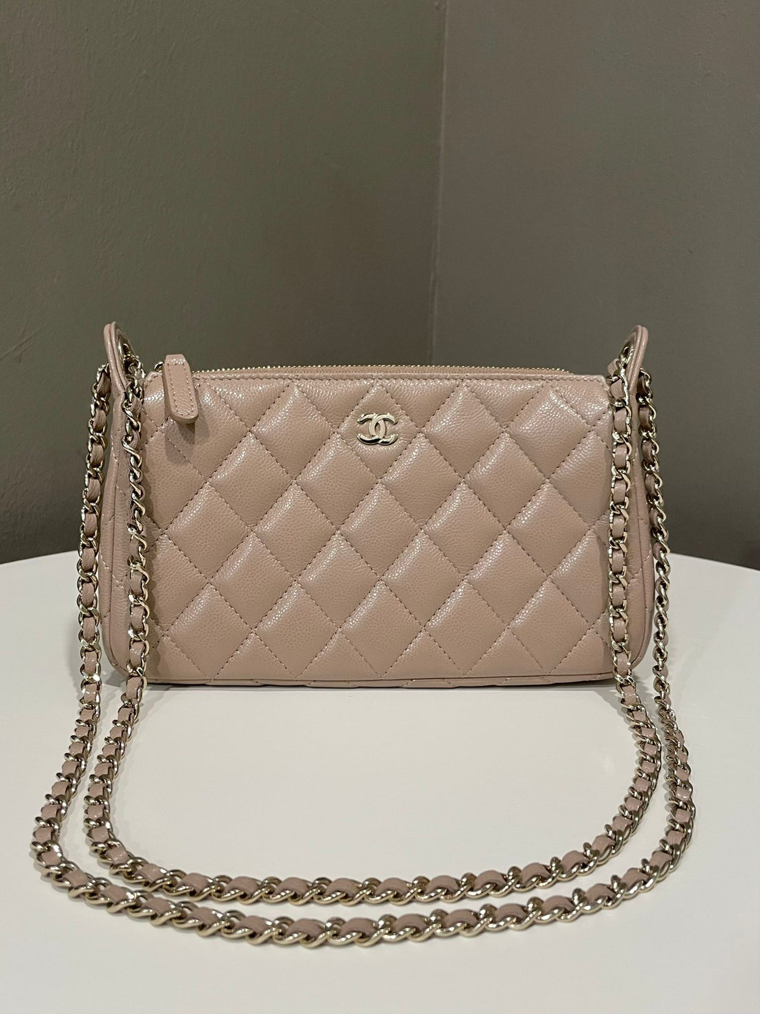 Chanel Quilted Clutch on Chain Taupe Beige Caviar