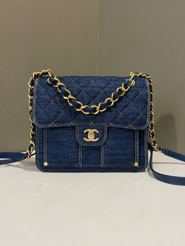 Chanel Quilted Double You CC Flap Backpack  Dark Denim