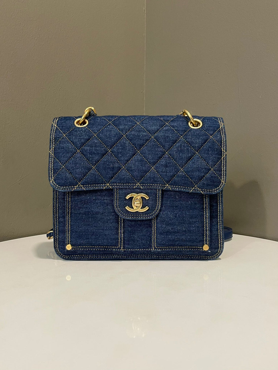 Chanel Quilted Double You CC Flap Backpack  Dark Denim