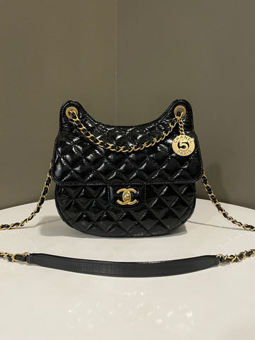 Chanel Quilted Gold Coin Chain Curve Bag  Black Coated Age Leather