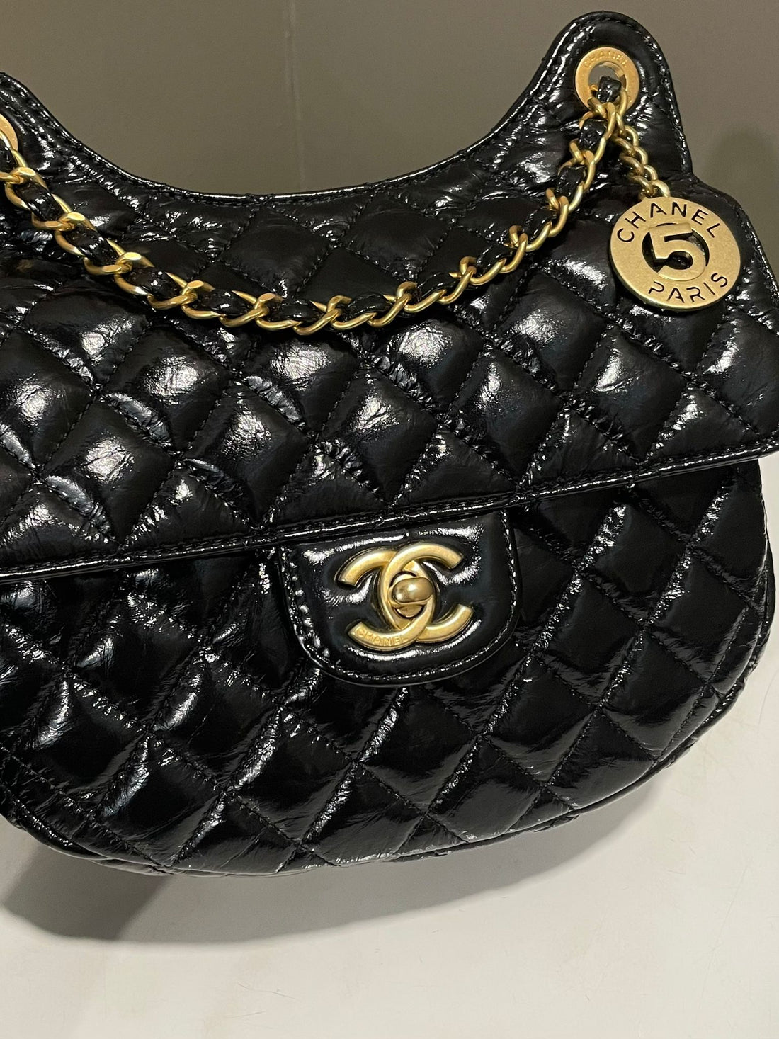 Chanel Quilted Gold Coin Chain Curve Bag  Black Coated Age Leather