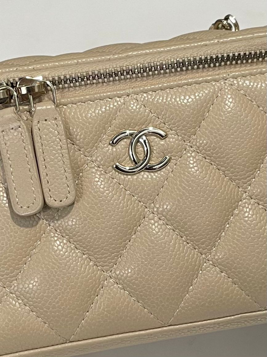 Chanel Quilted Logo Chain Vanity Rectangular Beige Caviar
