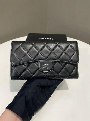 Chanel Quilted Long Flap Wallet Black Lambskin