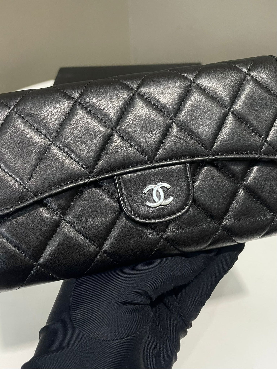 Chanel Quilted Long Flap Wallet Black Lambskin