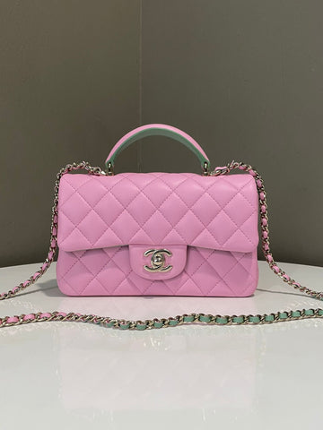 Chanel Quilted Top Handle Mini Rectangular Pink / Green Lambskin