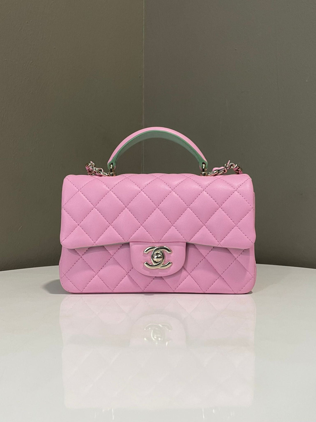 Chanel Quilted Top Handle Mini Rectangular Pink / Green Lambskin