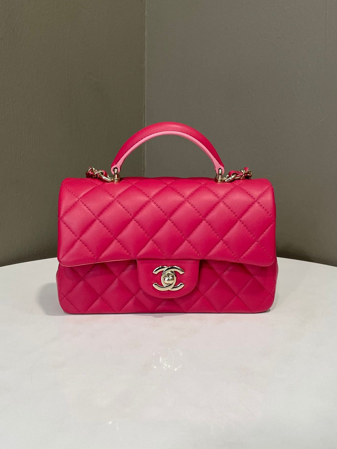 Chanel Quilted Top Handle Mini Rectangular Rose Fuchsia Pink Lambskin