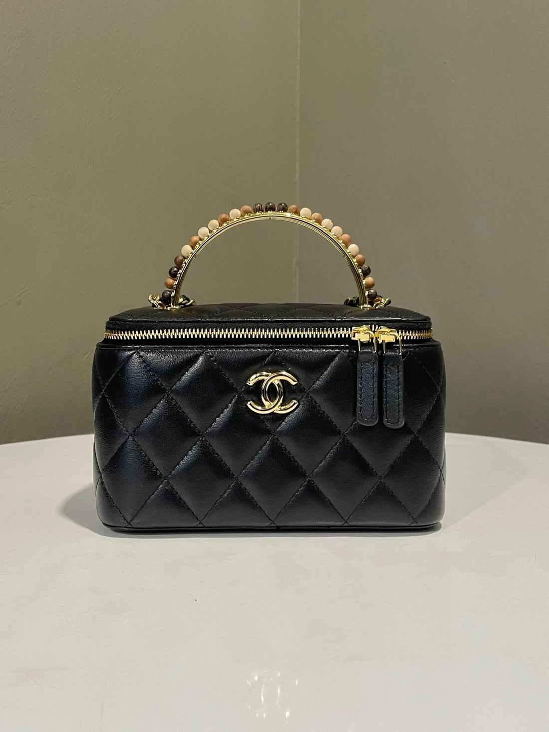 Chanel Quilted Vanity Beaded Top Handle Rectangular Black Lambskin
