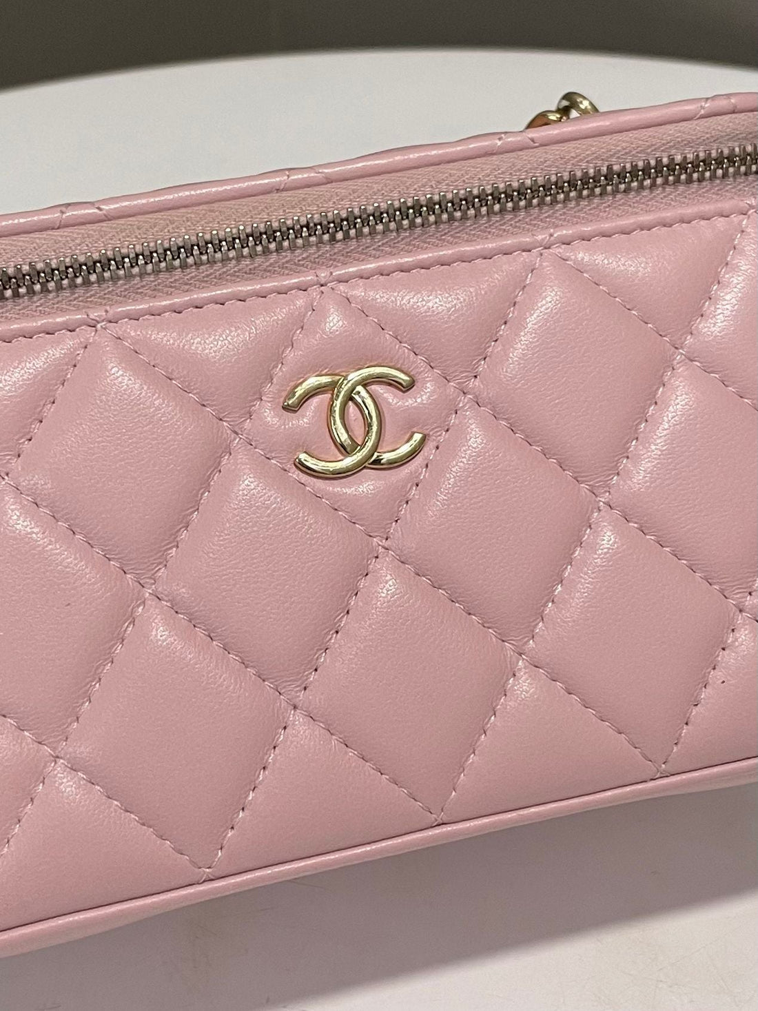 Chanel Quilted Vanity Rectangular Gem Chain  Dust Pink Lambskin / Enamel