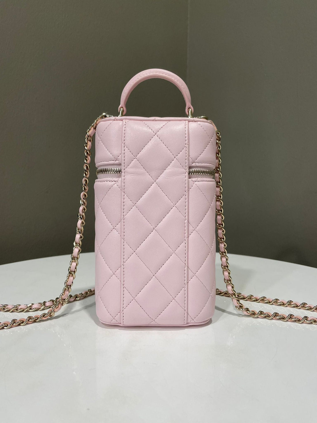 Chanel Quilted Vanity Top Handle Phone Holder Rose Claire Lambskin