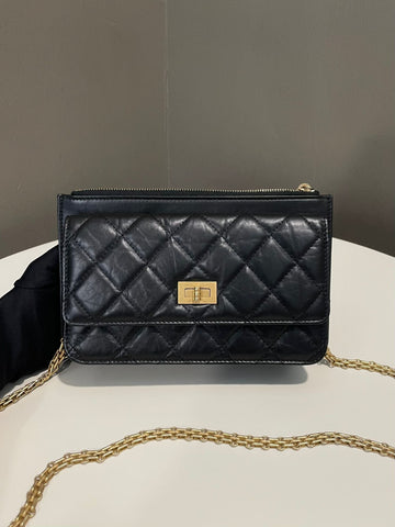 Chanel Reissue 2.55 Zip Clutch On Chain  Black Aged Calfskin