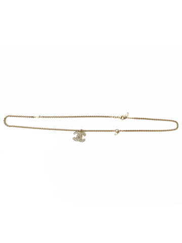 Chanel Brass Gold Logo Necklace with Dangling Pearls
