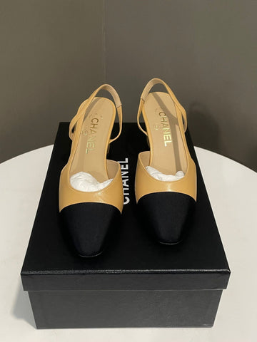 Chanel Slingback Beige Goatskin/ Black Grosgrain