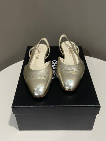 Chanel Slingback Metallic Gold / Silver Holographic GHW Size 37