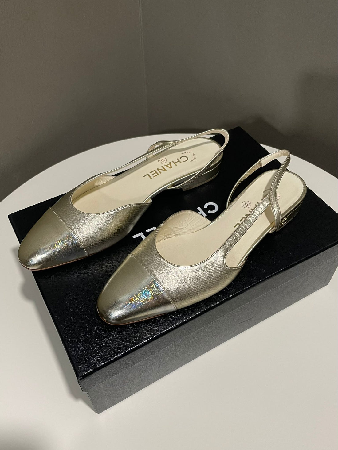 Chanel Slingback Metallic Gold / Silver Holographic GHW Size 37