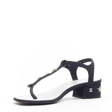 CHANEL T-STRAP PEARL EMBELLISHED BLOCK HEEL SANDALS