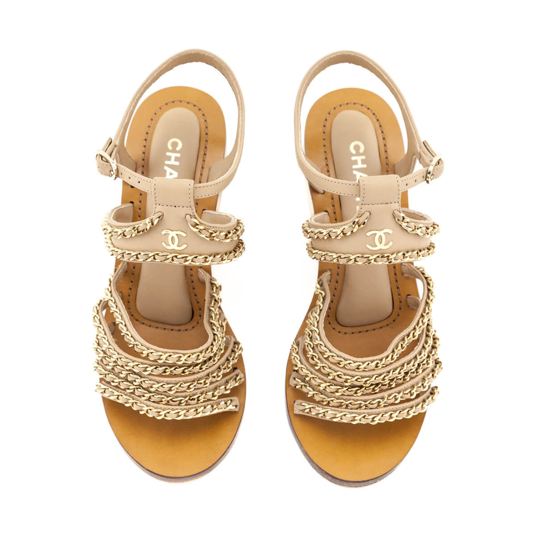Chanel Tan Chain Accent CC Wedge Sandals Size US 7  | EU 37