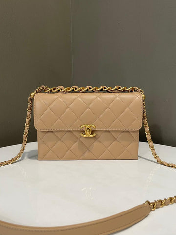 Chanel Top Handle Chain Flap Bag Dark Beige