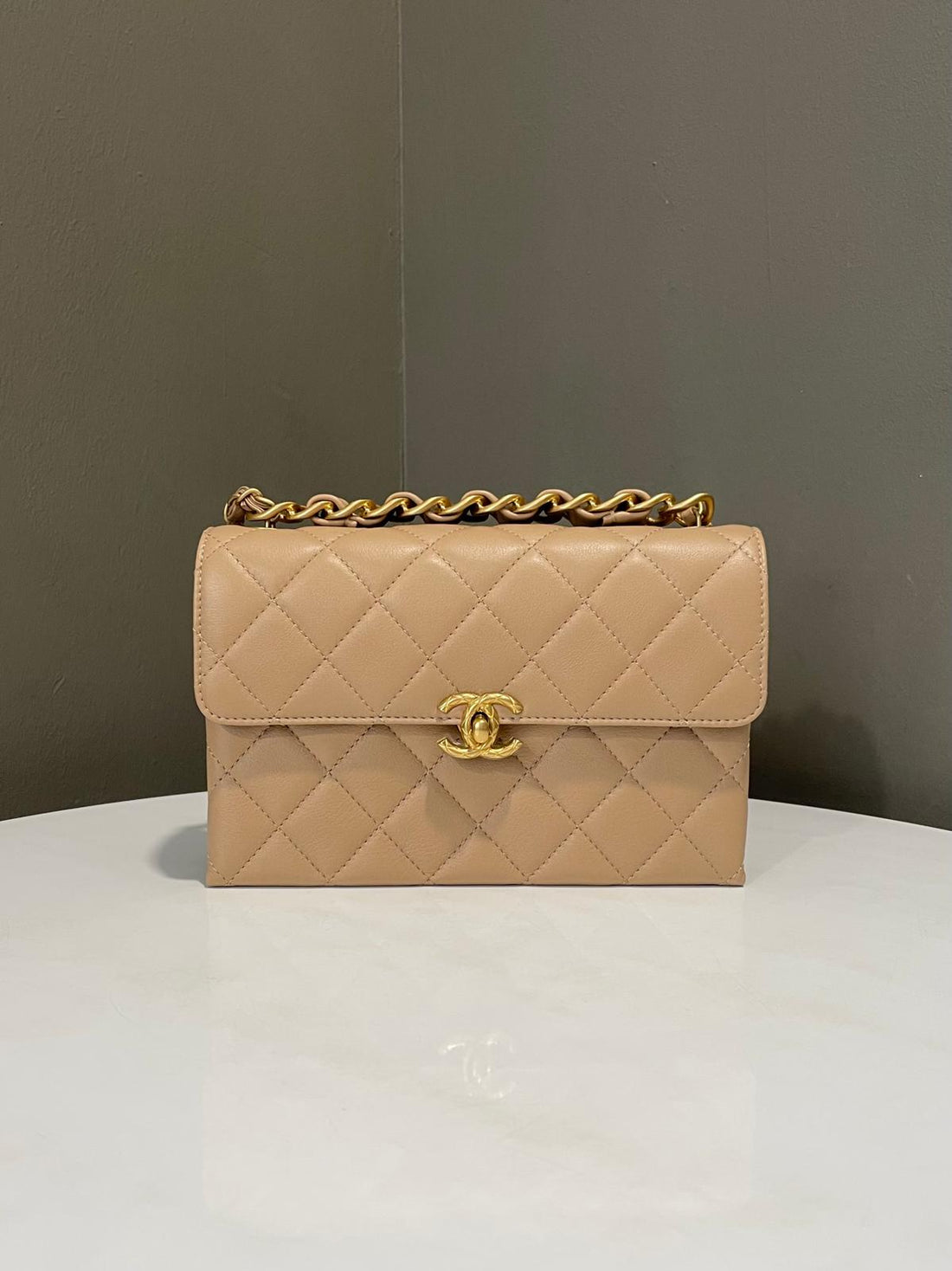 Chanel Top Handle Chain Flap Bag Dark Beige