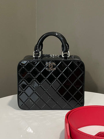 Chanel Top Handle Vanity Case Black Patent / Red Strap