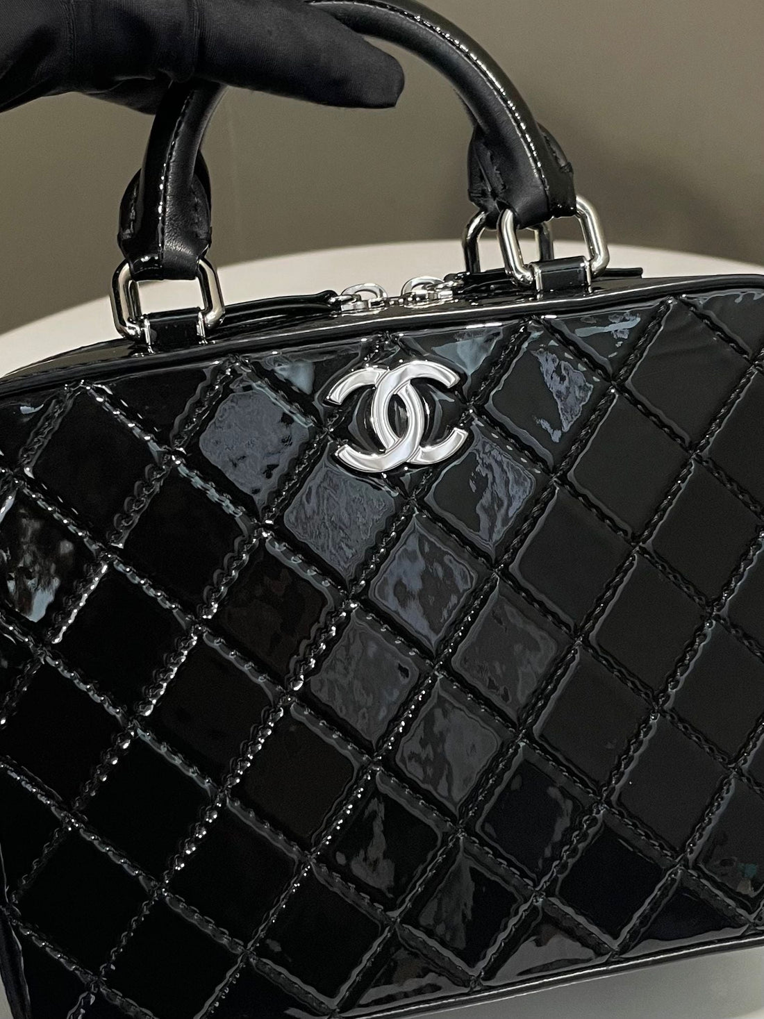 Chanel Top Handle Vanity Case Black Patent / Red Strap