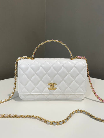 Chanel Top Handle Wallet On Chain Ivory White / Light Pink & Blue