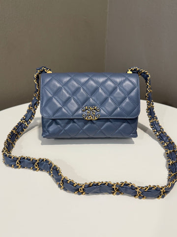 Chanel Twirling Cc Clutch on Chain Ash Blue Age Calfskin