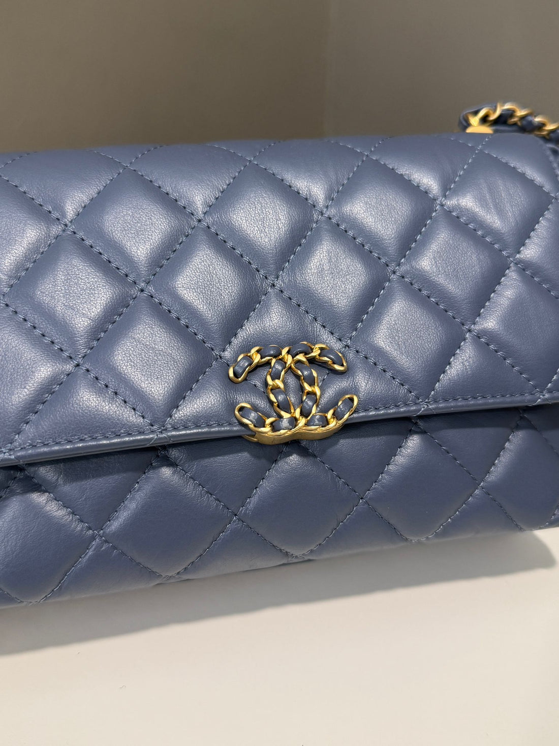 Chanel Twirling Cc Clutch on Chain Ash Blue Age Calfskin