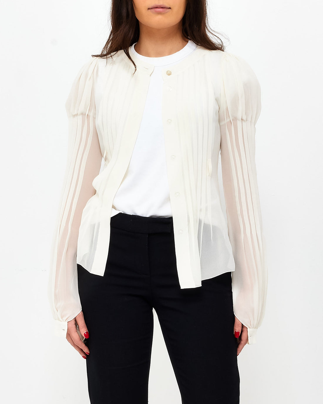 Chanel White Pleated Button Down Blo  - 07A - 34