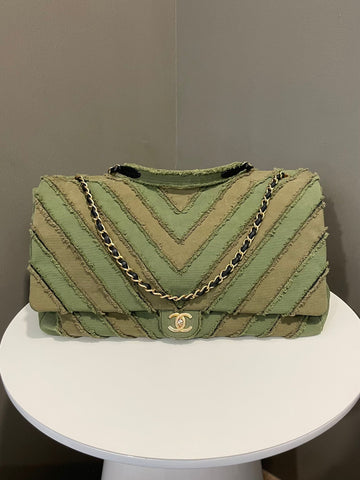 Chanel XXL Chevron Cuba Flap Bag Khaki / Olive Canvas