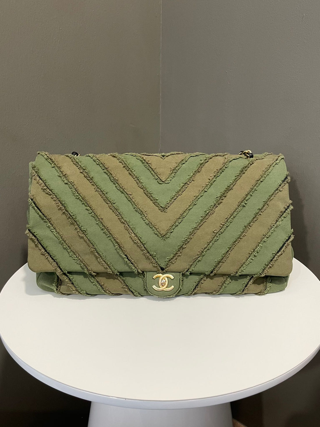 Chanel XXL Chevron Cuba Flap Bag Khaki / Olive Canvas
